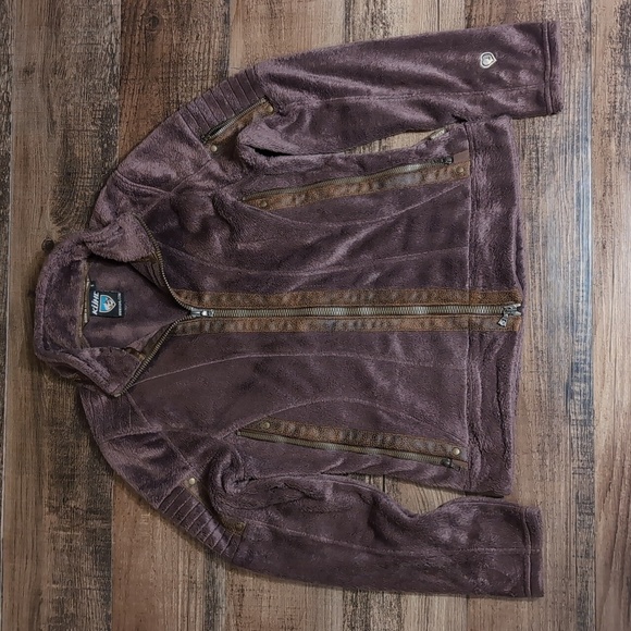 KUHL Moto Vation Full Zip Dark Brown Fuzzy Fleece Brown Leather Jacket Small - Picture 3 of 11
